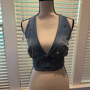 Fashion Nova Charming Non Stretch Embellished Denim Halter Top - Medium Wash